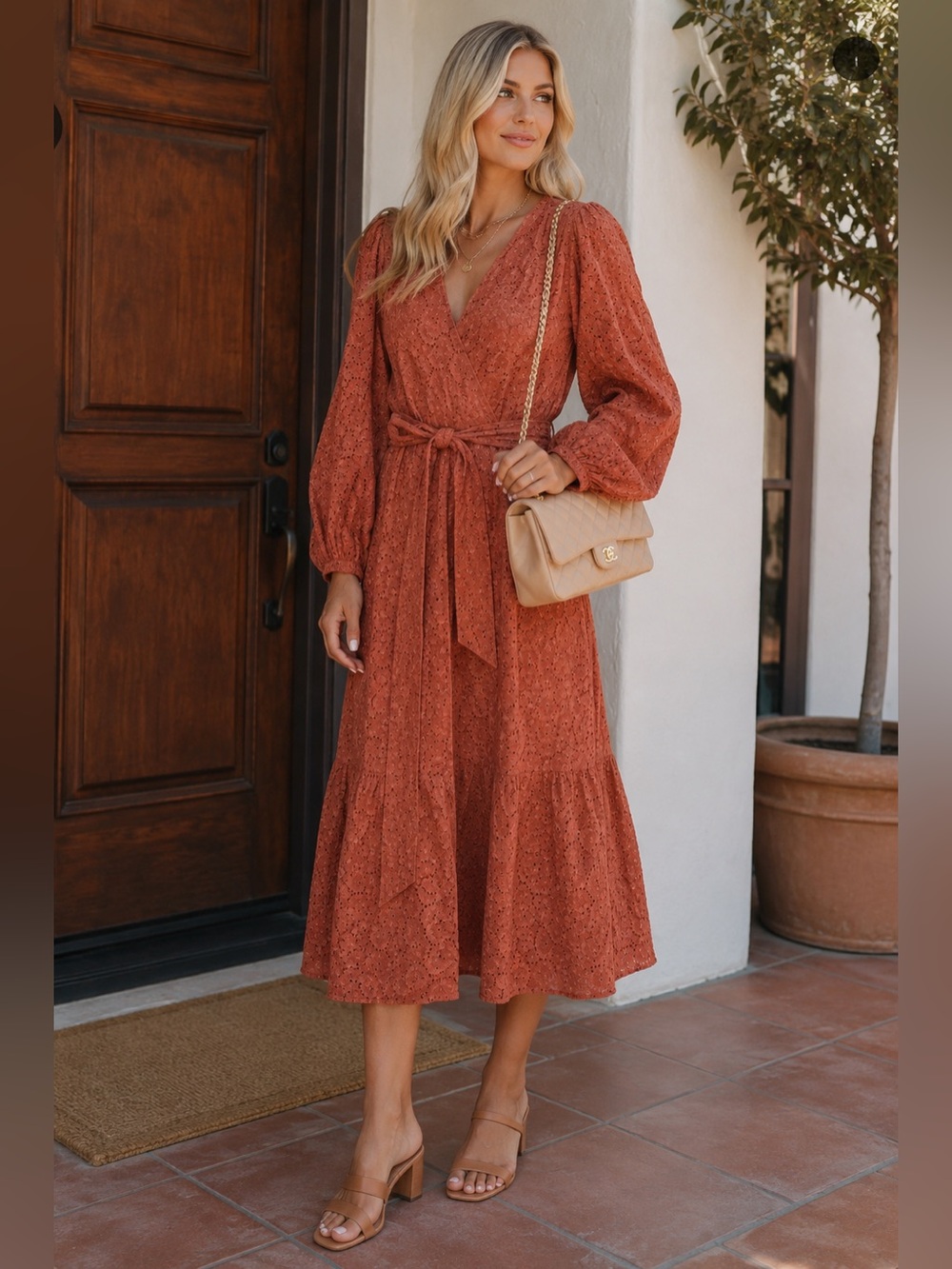 Roller Rabbit Terracotta Eyelet Long Sleeve Dress